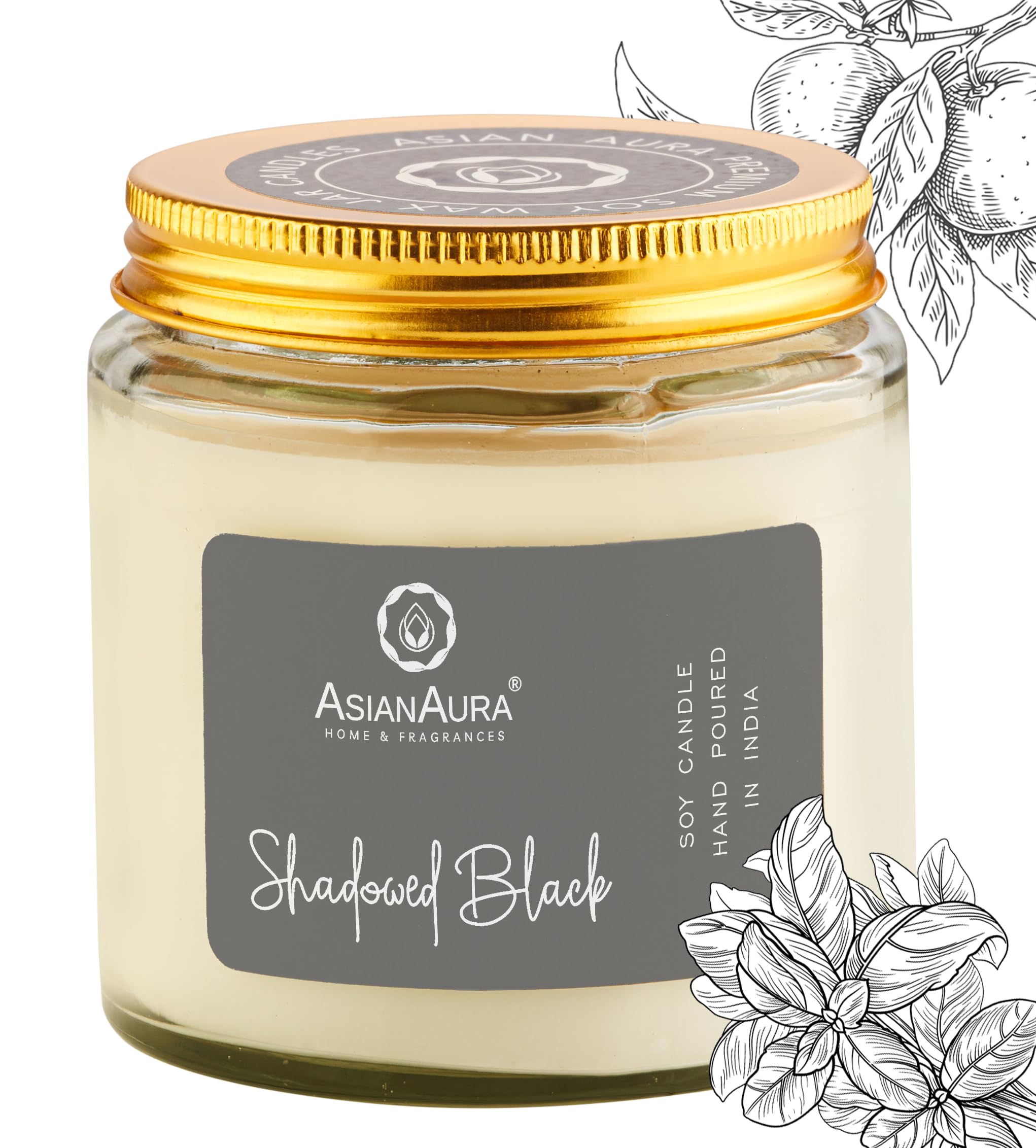 Asian Aura Scented Glass Jar Candle - 450g (Gross Wt.) - Shadowed Black |36 Hours Burn Time |Smoke-Free Aroma Candle for Home Fr
